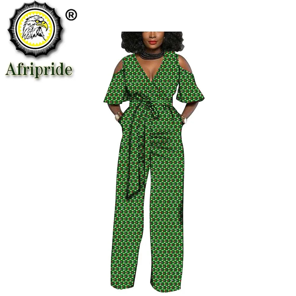 Exotic 
 AFRIPRIDE African Print Women Jumpsuit V-Neck spring Sexy Romper Wide Leg Pants African Ladies Jumpsuits Rompers S1929003