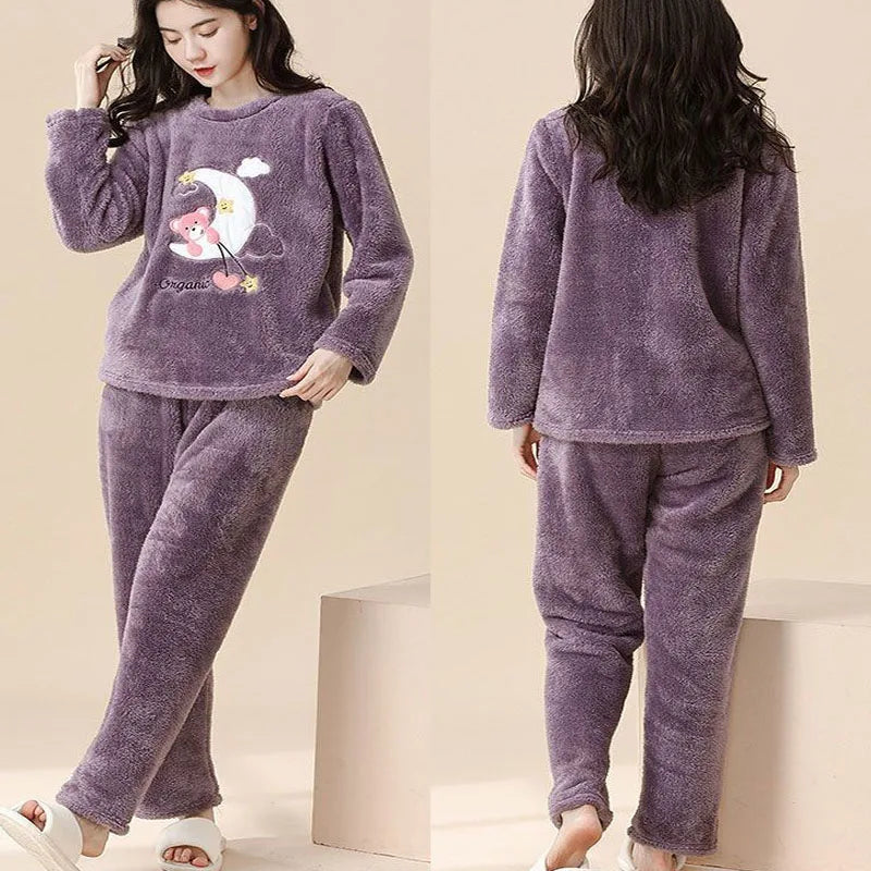 Winter Warm Sleepwear 
2PCS/Set Thickened Warm Fashion Autumn and Winter Pajamas Long-Sleeved Women Coral Velvet Cute Cartoon Grizzly Bear Comfortable