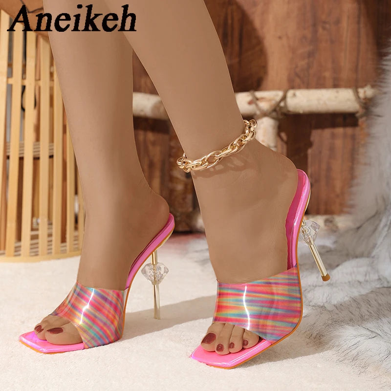 WOMEN SANDALS Aneikeh Gradient Leather PVC Transparent Slippers For Women Sexy Square Toe Strange High Heels Sandals Summer Fashion Party Shoe