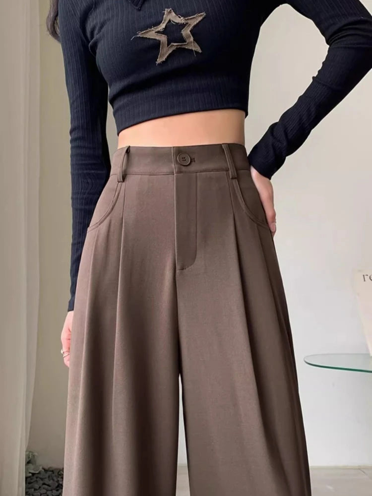 Pants Fashion High Waist Wide Leg Pants Women Spring Fall Baggy Black Trouser Office Ladies Full Length Straight Suit Pant Outwear New