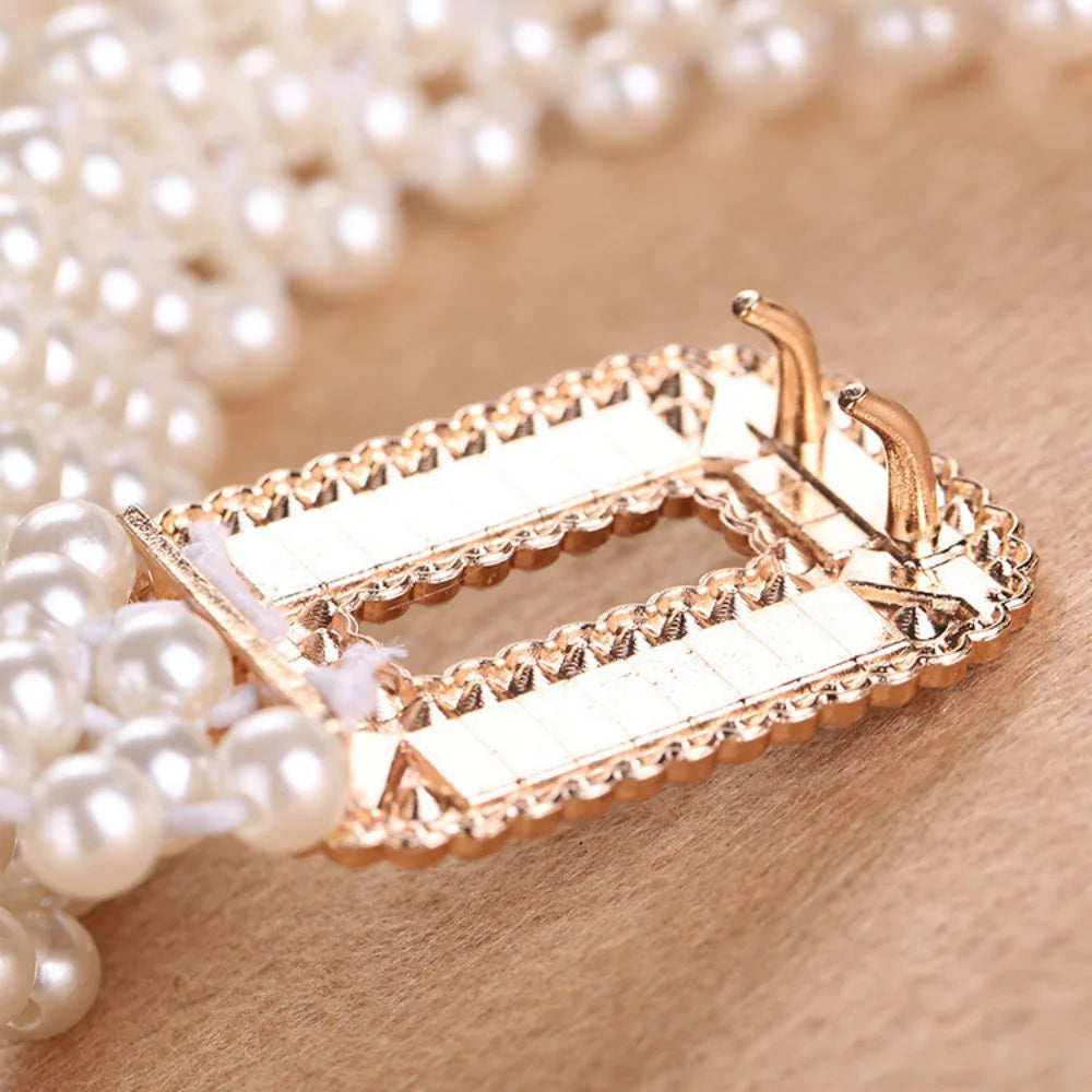 Waist Chain Elegant Women Pearl Waist Belt Elastic Buckle Pearl Chain Belt Female Girls Dress Crystal Strap Pearl Elastic Belt Luxury Brand