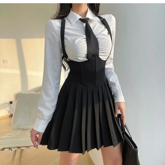 European Clothing
Women Size 4XL Sexy JK Uniform Suit Slim American Sugar Spicy Girls College Style Uniform Set Shirt White + Strap Pleated Skirt