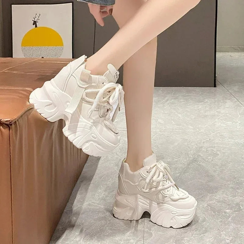 Sneaker women Walking Sneakers Autumn Lace-up High Platform Chunky Shoes Breathable Leather Shoes 10CM Winter Wedge Heels Casual Shoes