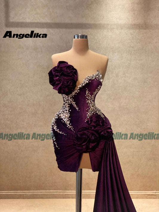 Angelika Elegant Strapless Homecoming Dress for Women Rhinestones Pleat Pearls Sweep Train Robes De Soiree Made to Order