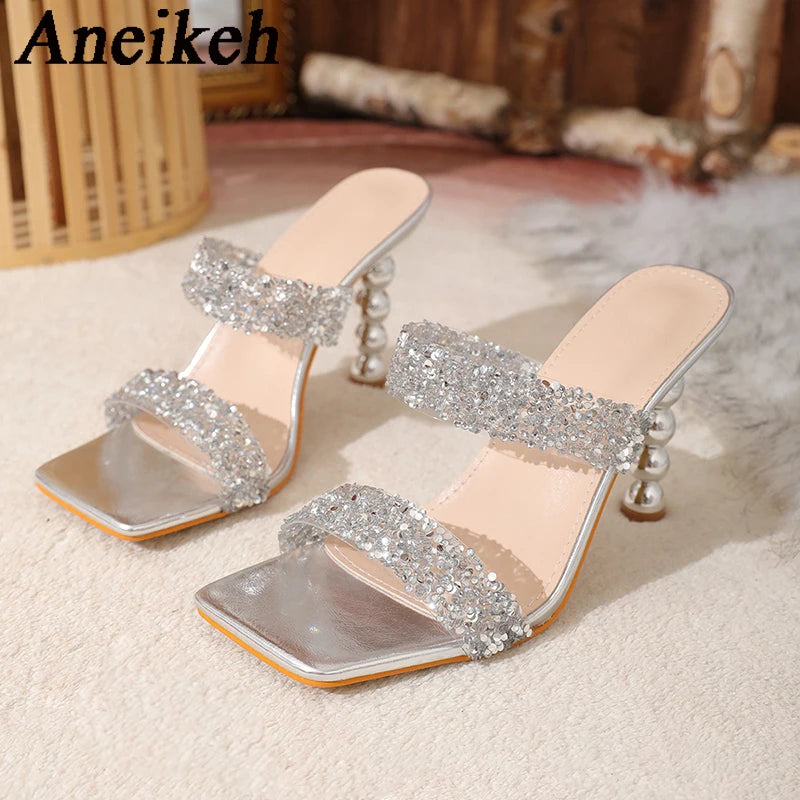 WOMEN SANDALS Sexy Silver Sequin rhinestone PVC Slippers For Women Square Toe Strange High Heels Sandals Summer Fashion Party Shoes