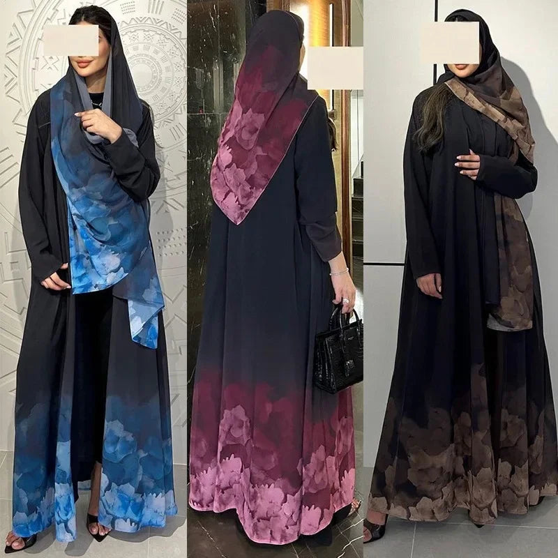 Elegant Abaya Dubai Women Luxury Printed Open Kimono Muslim Dresses With Scarf Modesty Robe Khimar Set Islamic Kebaya Clothing