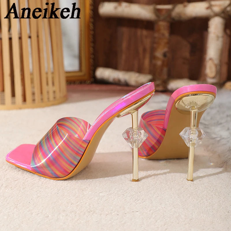 WOMEN SANDALS Aneikeh Gradient Leather PVC Transparent Slippers For Women Sexy Square Toe Strange High Heels Sandals Summer Fashion Party Shoe