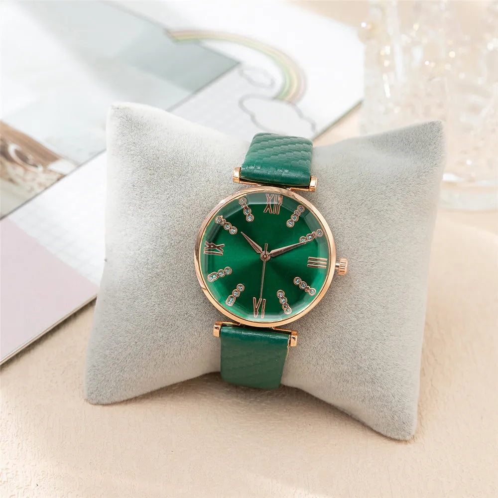 Women Watch Luxury Ladies Brand Diamond Roman Design Lady Watches Dress Quartz Watch Fashion Green Leather Strap Women Wristwatches