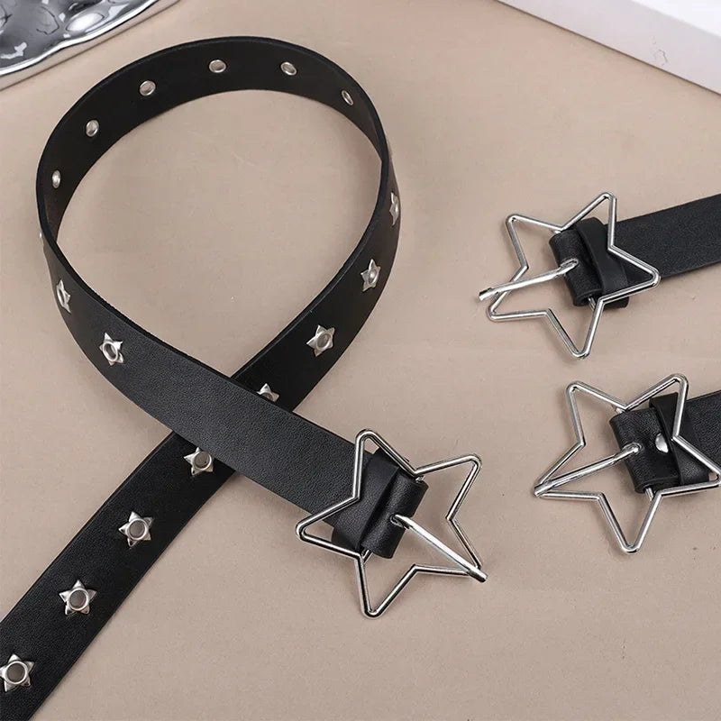 Belts Star Eye Rivet Belt Goth Style Double Pin Buckle Man/woman Fashion Casual Punk Style Pu Leather Waistband for Jeans Y2K Belt