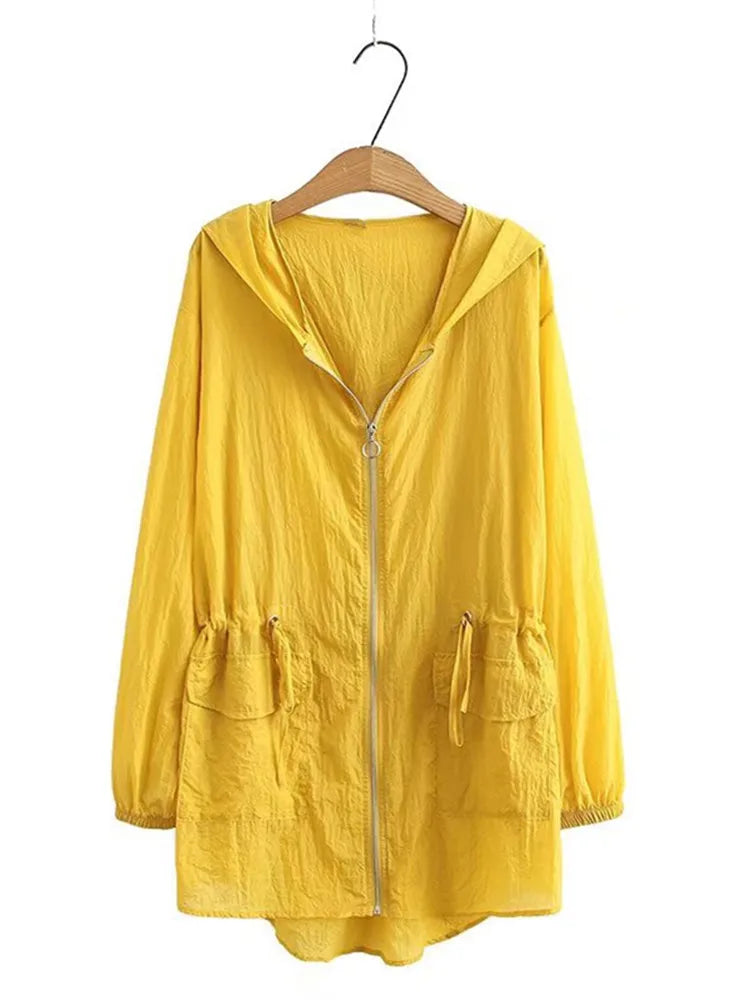 Plus Size Women's Clothing Long Sleeve Jacket Hooded Drawstring Waist Zipper Thin Cardigan Large Size Sun Protection Clothing