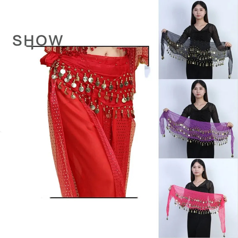 dancers  
Sexy Women Belly Dance Chiffon Skirt Gold Sequins Waist Chain Tassel Belts Clubwear Indian Dance Practice Performance Hip  Scarf