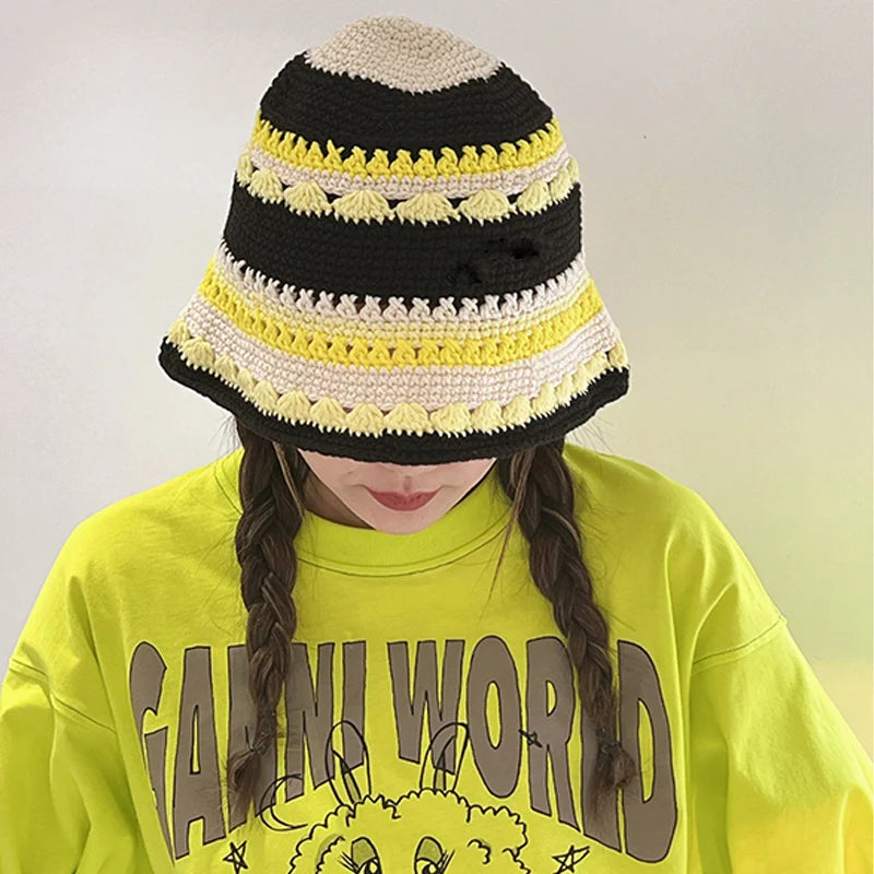 Hat Women Crochet Bucket hat  Handmade  Summer Knit Hat Striped Beanie  Beach hat woman  designer luxury