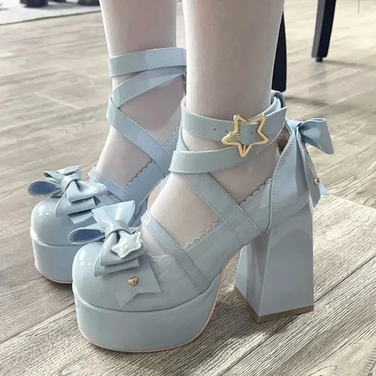 WOMEN SANDALS Lolita Shoes Women Mary Janes High Heels Shoes Chunky Sandals Summer Fashion Retro Bow Party Platform Pumps