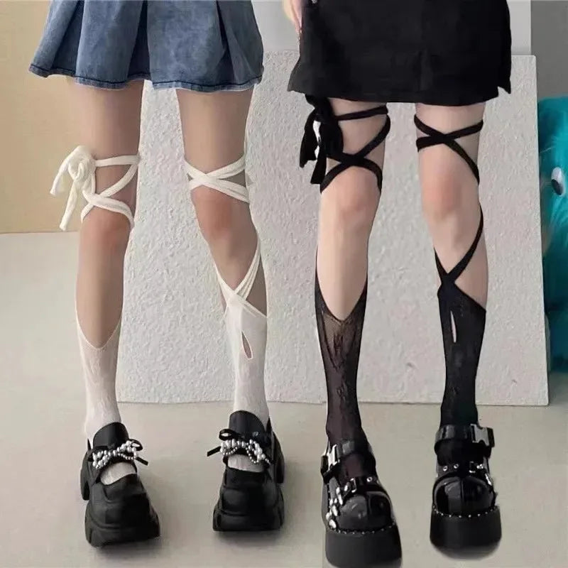 Stockings 
Jk Tie Lace Fishnet Stockings for Women Irregular Split-toe Calf Socks Middle Tube Socks Straps Summer Sexy Long Japanese Socks