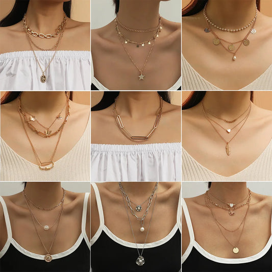 Necklaces Women New Korean Style Gold Color Star-Shape Multilayer Chain Necklace For Woman Trendy Punk Neck Jewelry Accessories