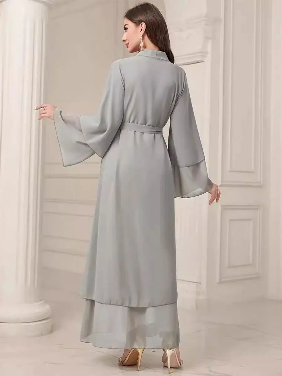 Fashion Muslim Solid Open Abayas With Belt Double Layer Chiffon Women's Robe Moroccan Dubai Saudi Elegant Loose Kebaya Dresses