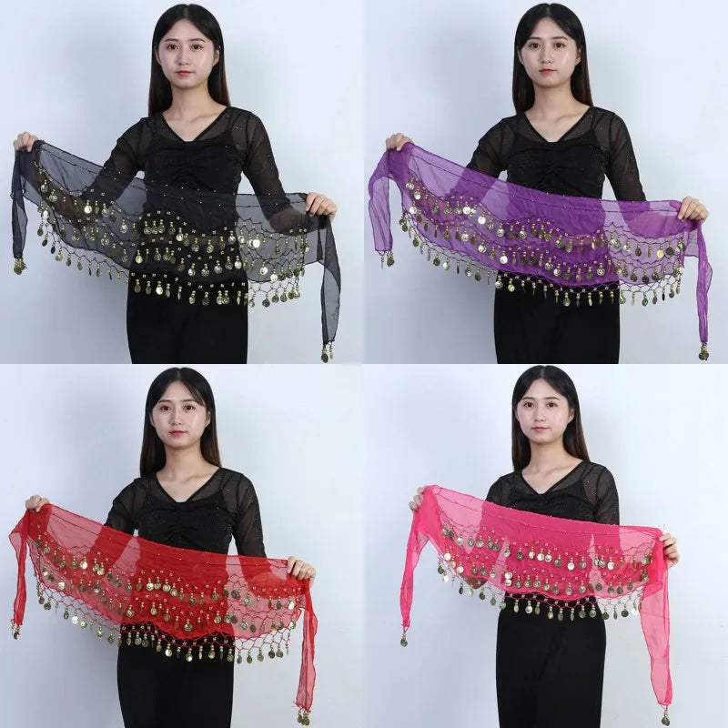 dancers  
Sexy Women Belly Dance Chiffon Skirt Gold Sequins Waist Chain Tassel Belts Clubwear Indian Dance Practice Performance Hip  Scarf