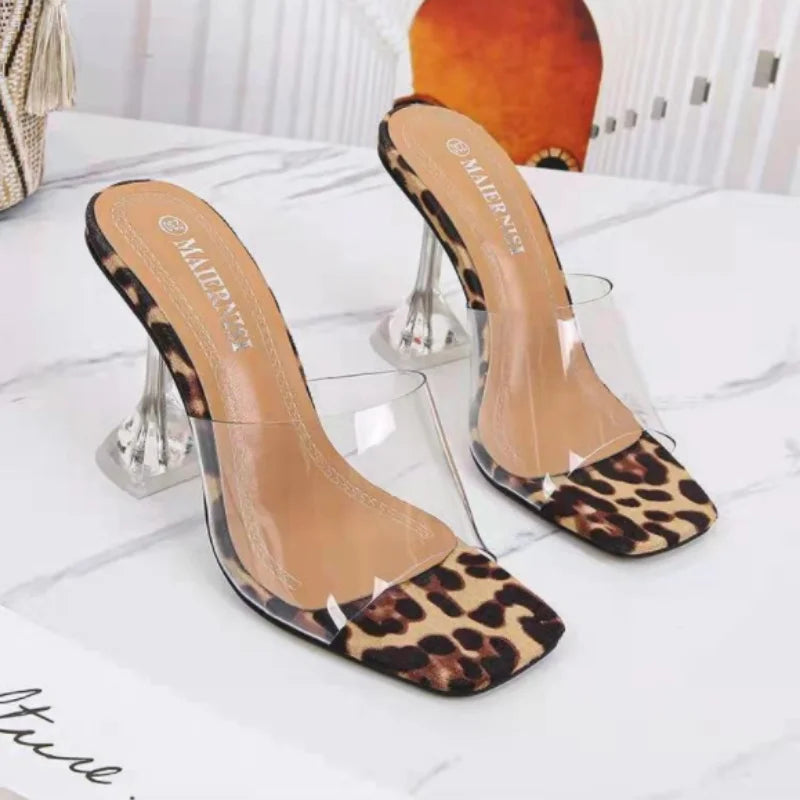 WOMEN SANDALS  Simple Large Women Shoe In Summer New Elegant Crystal Heel Sandals Women Pvc Leopard Print High Heel Slippers