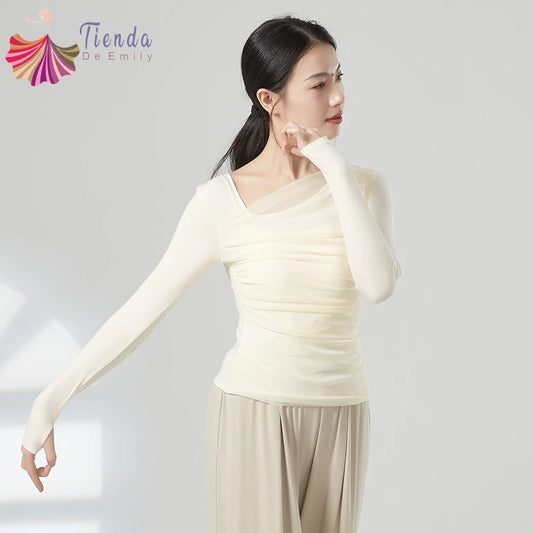 dancers  
Modern Line Dance Top Women Long Thumb Finger Sleeve Training Tops Spliced Pleated Mesh Blouse Performance Costume Stage Clothes