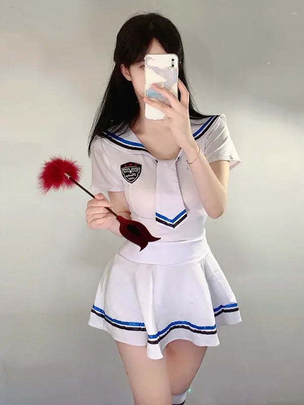 Exotic 
New Style Summer Fun Sailor Sexy Hot Uniform Pleated Thin Skirt Set Sheer JK Style Elastic Waist Tie Sweet Cute Slim Soft HA1F