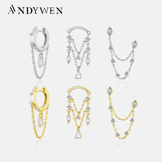 Earring  ANDYWEN 925 Sterling Silver Gold Chain Zircon Chain Drop Stud Earring Line Crystal CZ Luxury Clips Fine Jewelry Wedding Gift