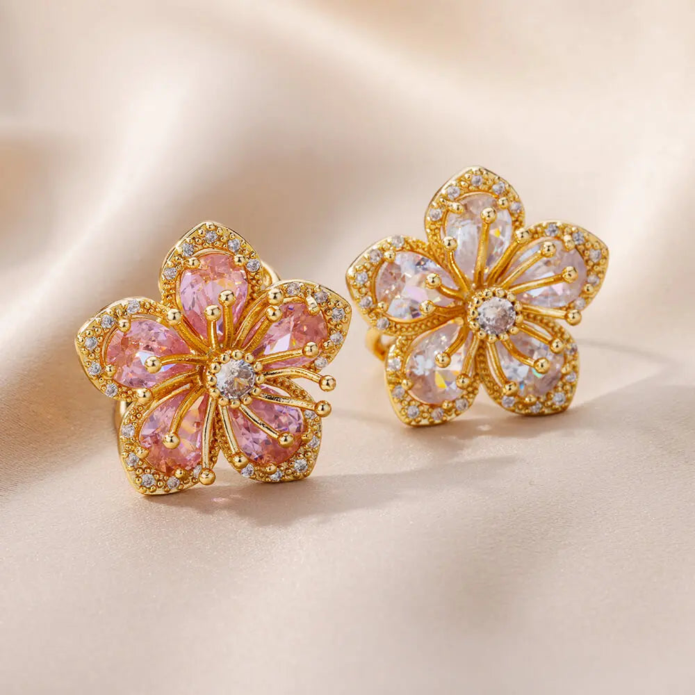 Luxury  Rings Pink Zircon Flower Rings for Women Gold Color Stainless Steel Ring 2024 Trend New in Elegant Luxury Aesthetic Jewelry anillos