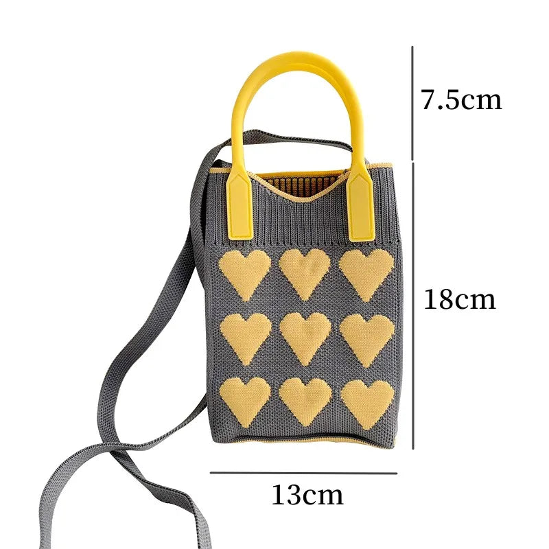 Handbags Korean Fashion Heart Knitted Mini Square Handbag for Women Small Mobile Phone Shoulder Bags Girls Cute Outdoor Crossbody Bags