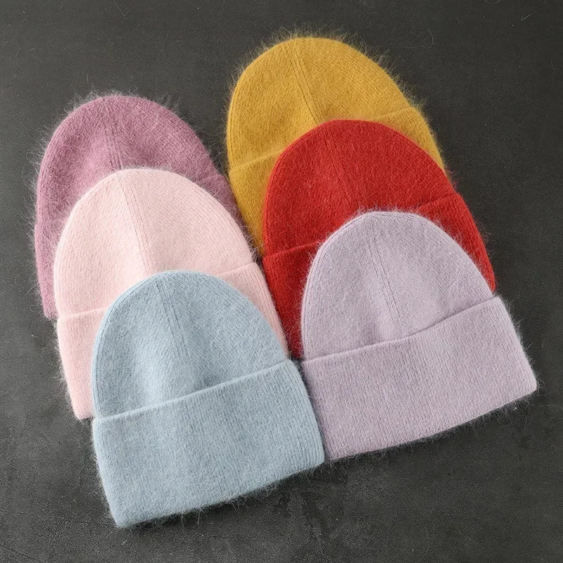 Hat Angora Knit Winter Hat For Womens Rabbit Fur Fluffy Knitted Beanies Korea Luxury Bonnet Female Soft  Warm Skullies Beanies