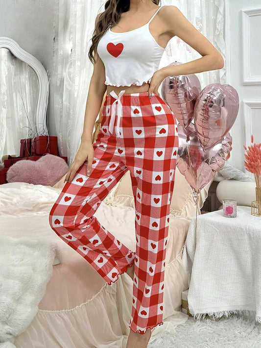 Pajama Sets 
Women's new style pajamas halter top trousers heart pattern casual elegant two-piece home wear