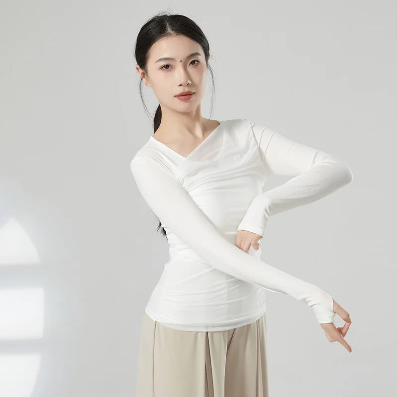 dancers  
Modern Line Dance Top Women Long Thumb Finger Sleeve Training Tops Spliced Pleated Mesh Blouse Performance Costume Stage Clothes