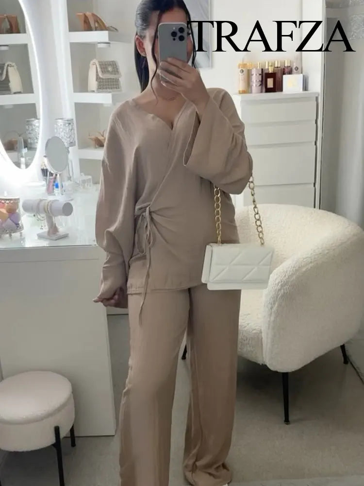 Pant-Sets Summer Fashion Linen Solid Color Shirt Set Belted Cardigan Kimono Top + High Waist Women's Pleated Pants 2-piece