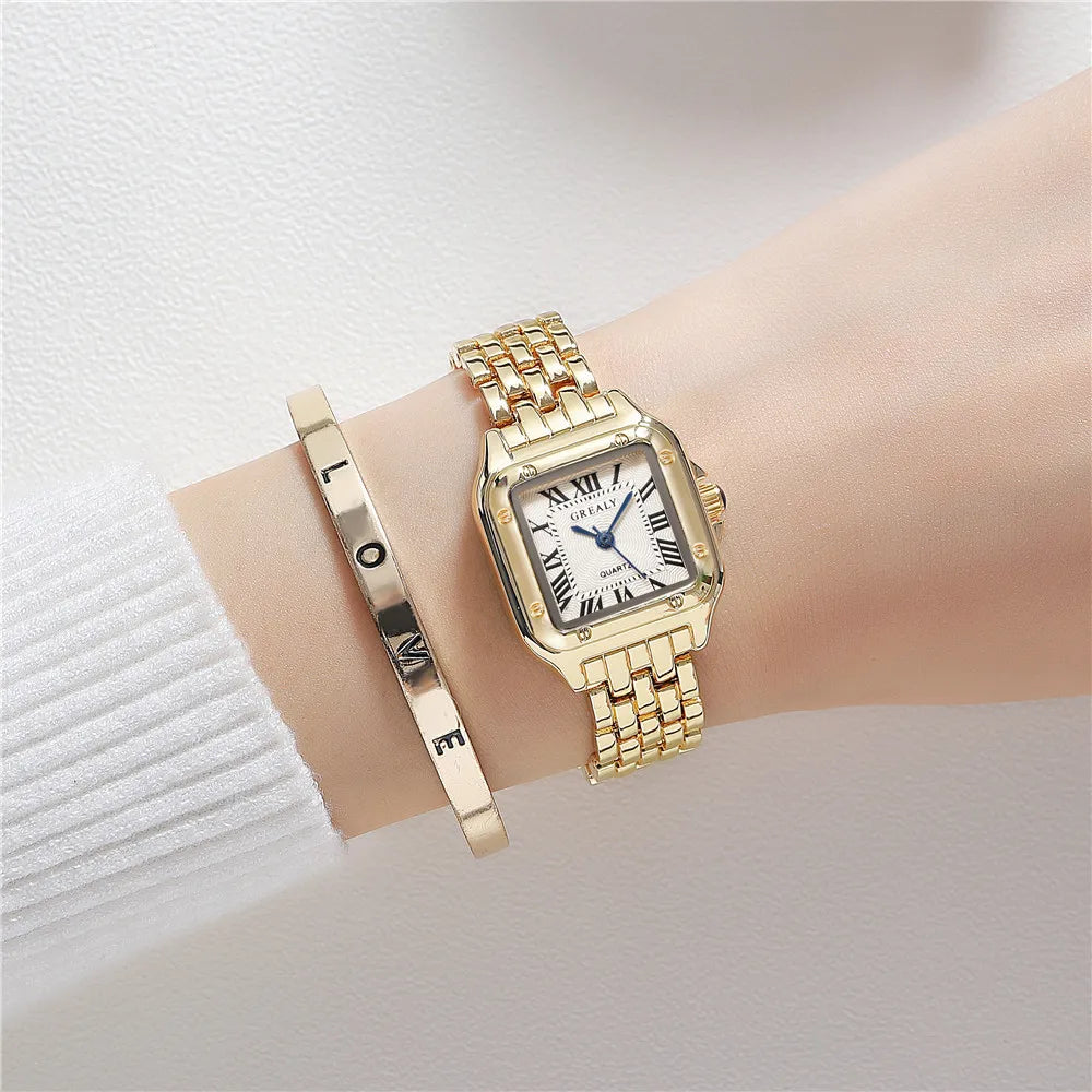 Women Watch Fashion Square Watches Gold Alloy Strap 2024 Luxury Ladies Quartz Wristwatches Qualities Female Roman Scale Clock