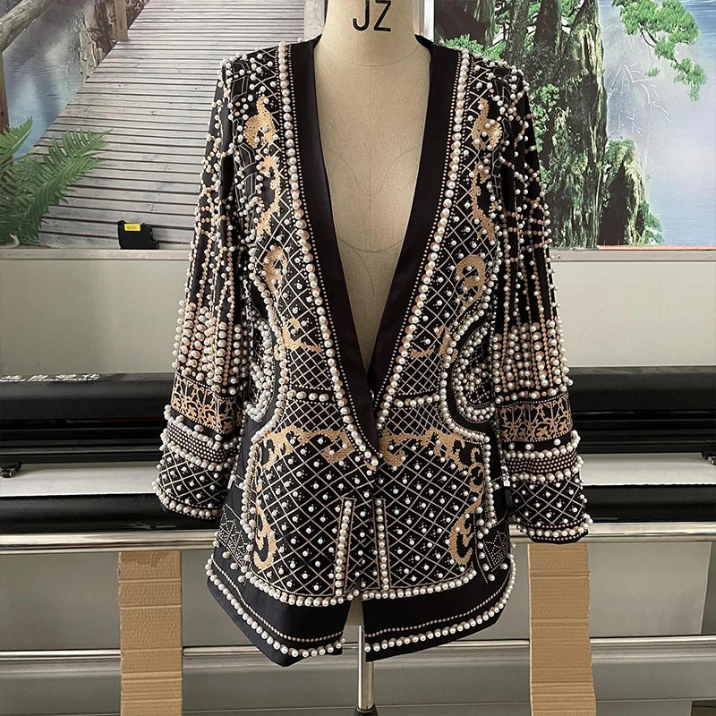 Plus Size Women Suit Jacket V-Neck Long Sleeved Bubble Bead Print Retro Plus Size Fashion Trend Versatile Loose Comfortable Suit Overcoat