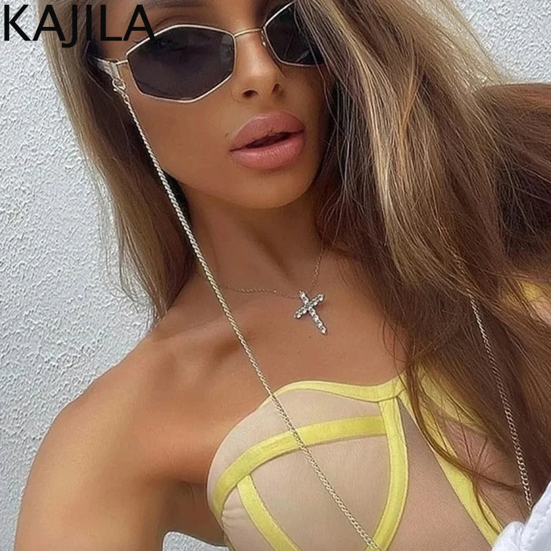 Women's Sunglasses Sexy Small Frame Hexagon Sunglasses Women With Chain 2024 Luxury Brand Designer Punk Sun Glasses For Ladies Shades Gafas De Sol