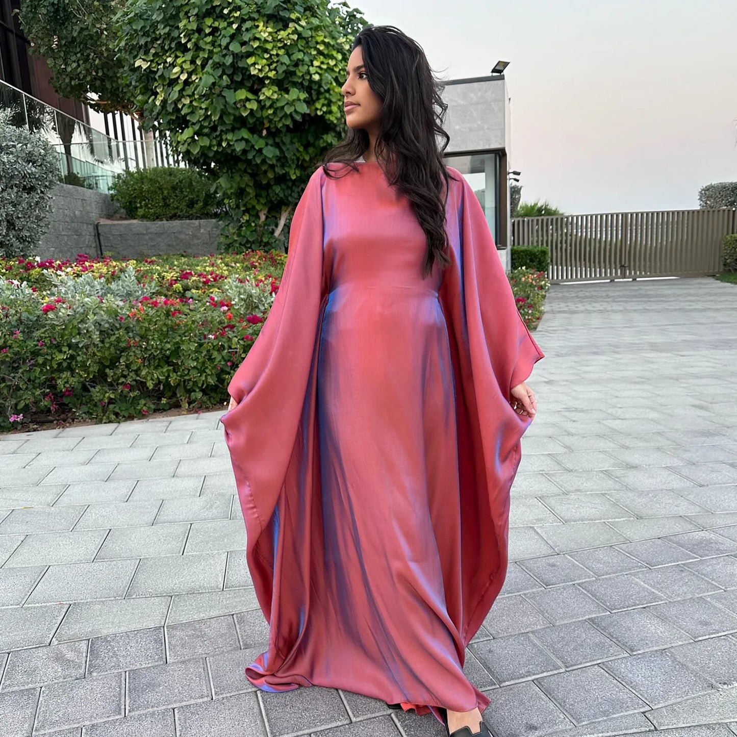 Ramadan Summer Batwing Sleeve Satin Butterfly Abaya Islam Muslim Maxi Dress Kebaya Women Kaftan Robe Musulmane Femme Vestidos