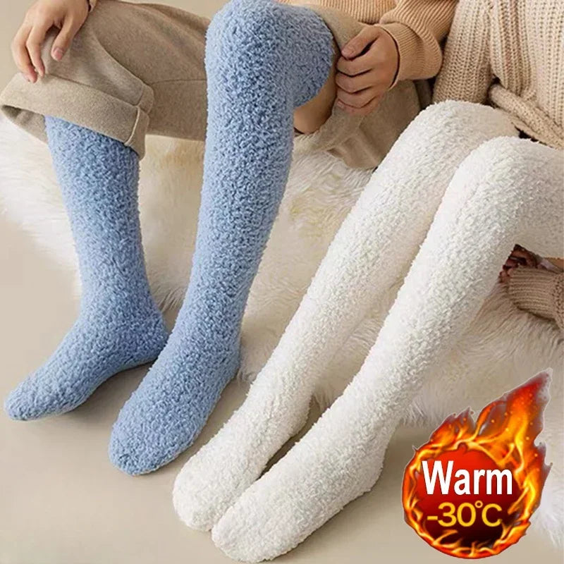 Stockings 
New Soft Coral Fleece Stockings Women Winter Solid Color Warm Thigh High Stockings Home Keep Warm Over Knee High Long Socks