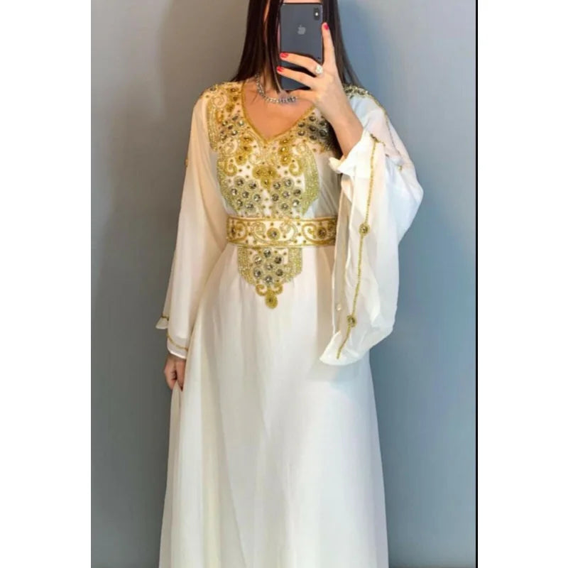 India and Pakistan Clothing 
Yellow African Clothing Morocco Formal Beaded Farasa Dress Abaya Women's Dubai Long Shirt European and American Fashion Trends