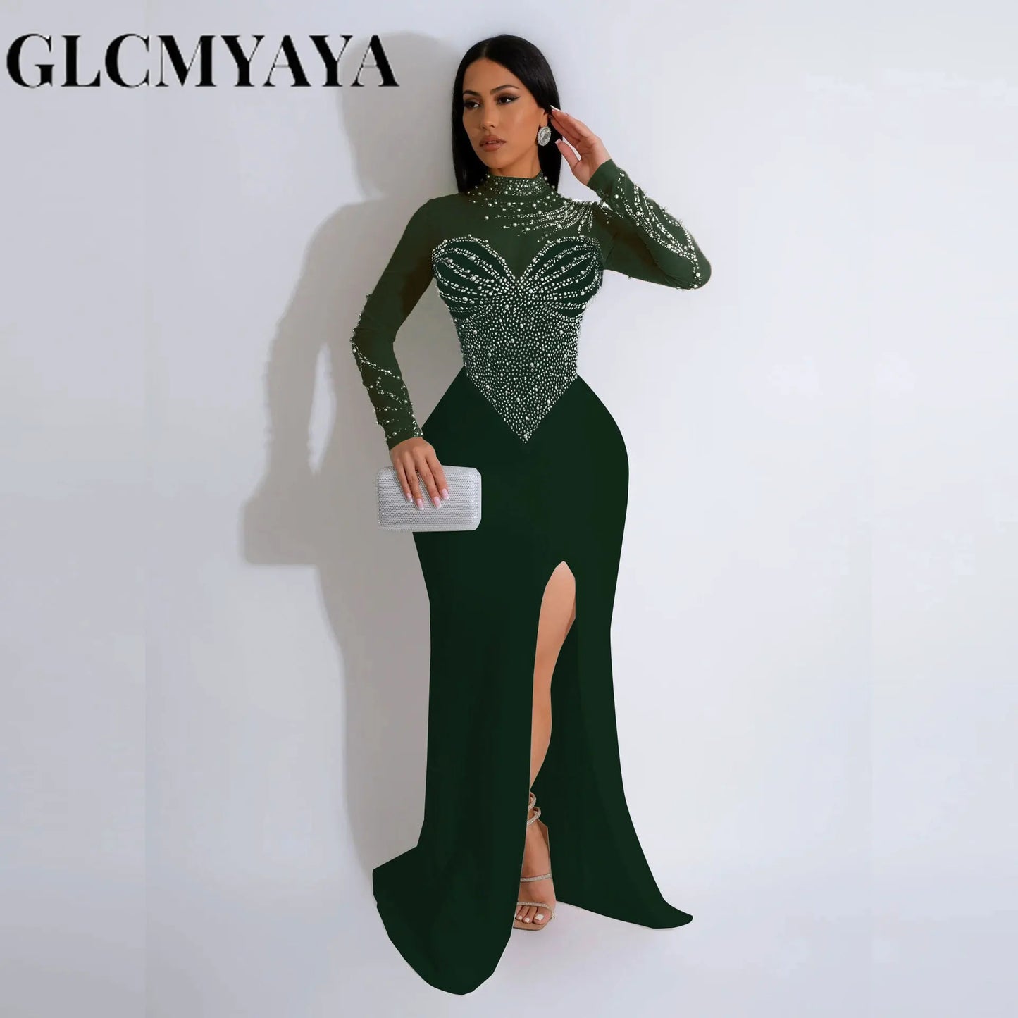 CMYAYA Elegant Wedding Even Mesh See Through Patchwork Long Dress Women Diamonds Rhinestone Mermaid Prom Formal Birthday Luxury