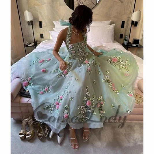 Comelody Formal Party Dresses For Women Saudi Arabric Halter Ribbons Floral Print Backleess Ankle-Length Prom Formal Evening