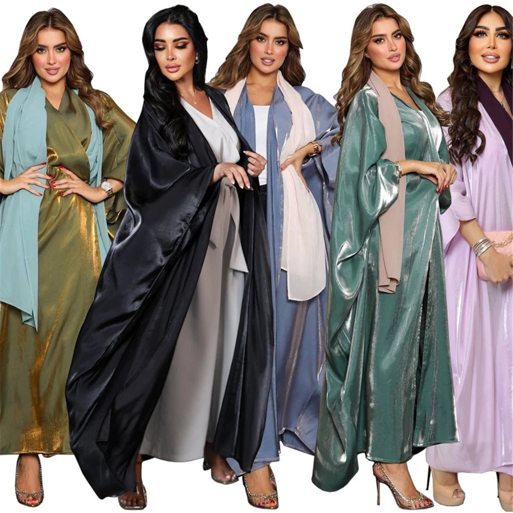 Modest Muslim Fashion Women Shiny Satin Maxi Dress Kaftan Turkey Robe Islamic Jalabiya Abaya Dubai Luxury Kimono Kebaya Djellaba