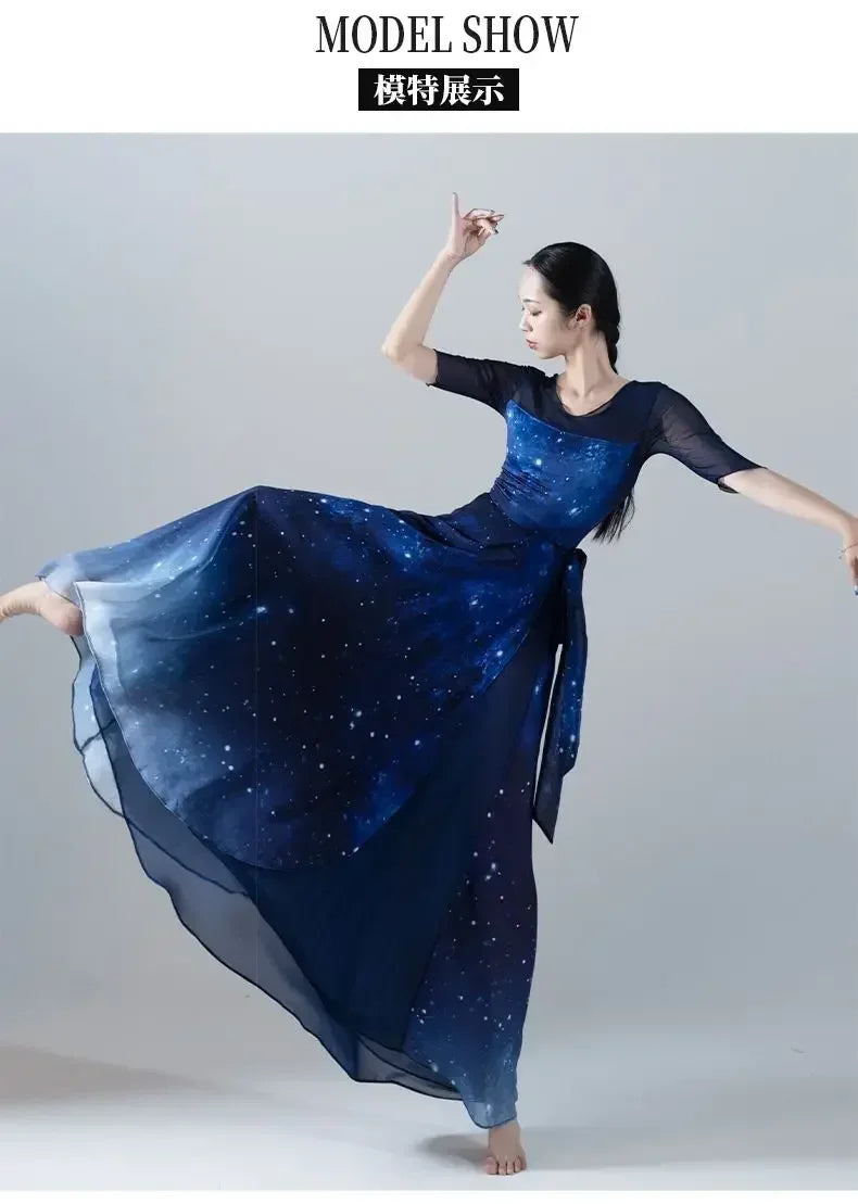 dancers  
Starry Blue Gradient Chiffon Dance Set Women's Large Skirt Modern Dance Classical Dance Ballet Performance Dress