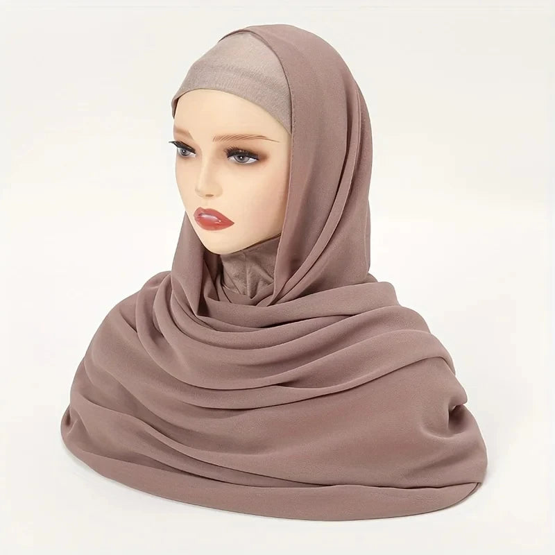 High Quality 2pcs Solid Color Muslim Chiffon Hijab Scarf Fashion Women Ramadan Long Shawls Bandana Turban Head Scarf Classic Head Wrap