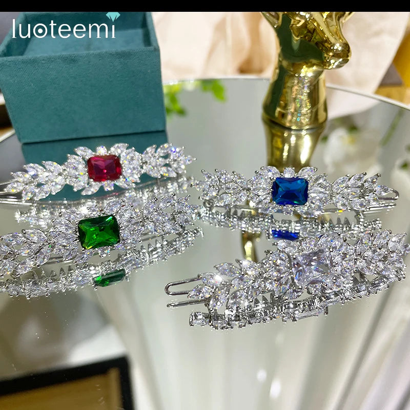 Elegant Look LUOTEEMI Korean Luxury Fashion Simulated Gemstones Hair Clips for Women Bridal Wedding Hair Accessaries Ceremoney Birthday Gifts