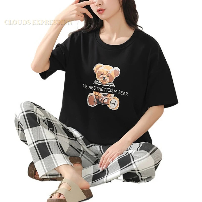 Pajama Sets 
Big Size 5XL Pajama Sets Short Sleeved Cartoon Bear Knitted PJ Plaid Sleepwear Elegant Women's Pajamas Lounge Home Pijama Mujer