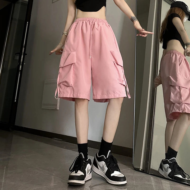 Shorts American Style Streetwear Summer Wide Leg Pants Fashion Female Big Pocket Loose Shorts New