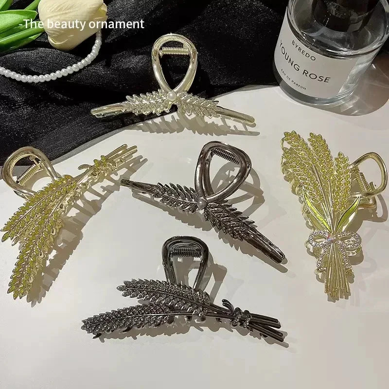 Elegant Look Luxury Rhinestone Wheat Ear Large Metal Gripper Hair Clip High Volume Female Shark Claw Clip Hair Accessories for Women 2023