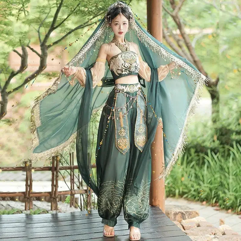 Exotic 
Chinese Style Girl Dunhuang Exotic Hanfu Top Pants Set Exquisite Embroidered Tassel Decorative Dance Performance Costume