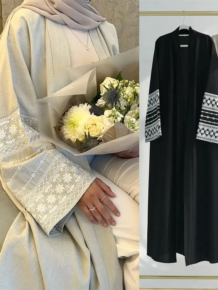 Fashion Embroidery Kimono Robe Femme Musulmane Syari Female Luxury Muslim Modest Open Linen Abaya With Belt Dubai Kebaya Kaftan