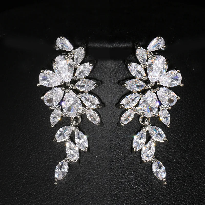 Earring  LXOEN Luxury Gorgeous Marquise Cluster Flower Shape Cubic Zirconia Long Dangle Drop Earrings for Brides Wedding Jewelry