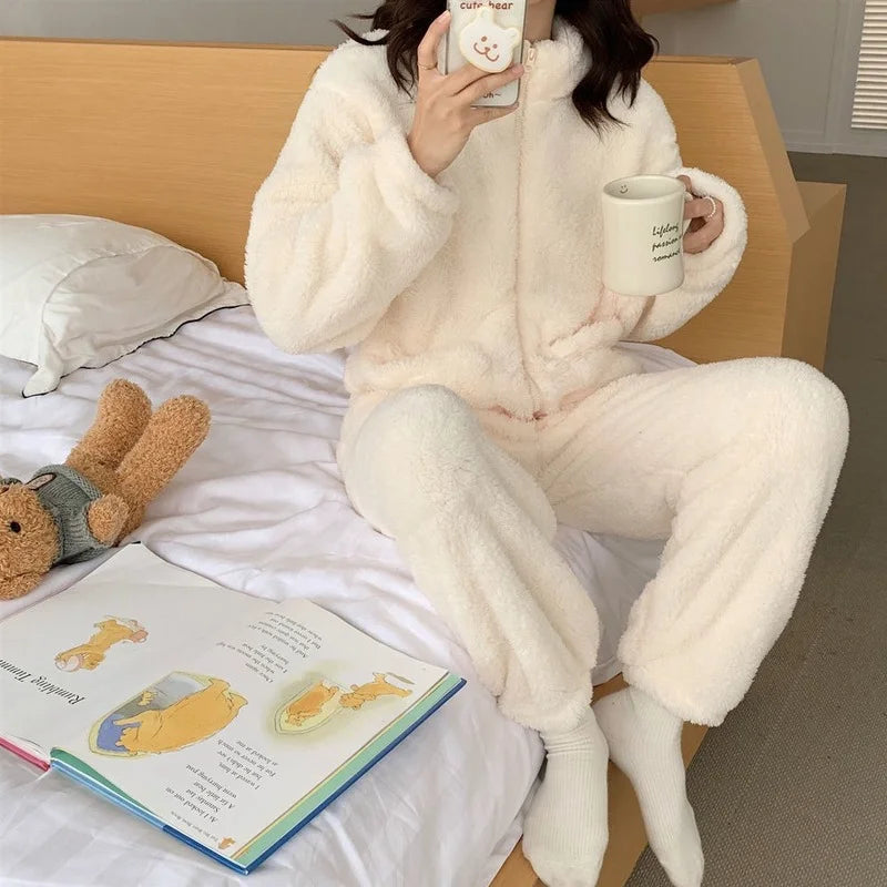 Winter Warm Sleepwear 
Winter Pajama Sets Women Solid Warm Thick Long Sleeve Zip-up Coral Fleece Comfort Sleepwear Elastic Waist Loose Soft Elegant New